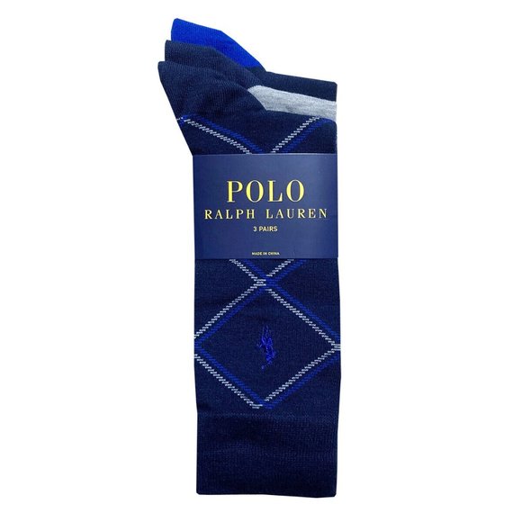 Polo Ralph Lauren Casual Dress Socks 3-Pair Navy Blue Grey Solid Diamond Pack - Picture 2 of 10